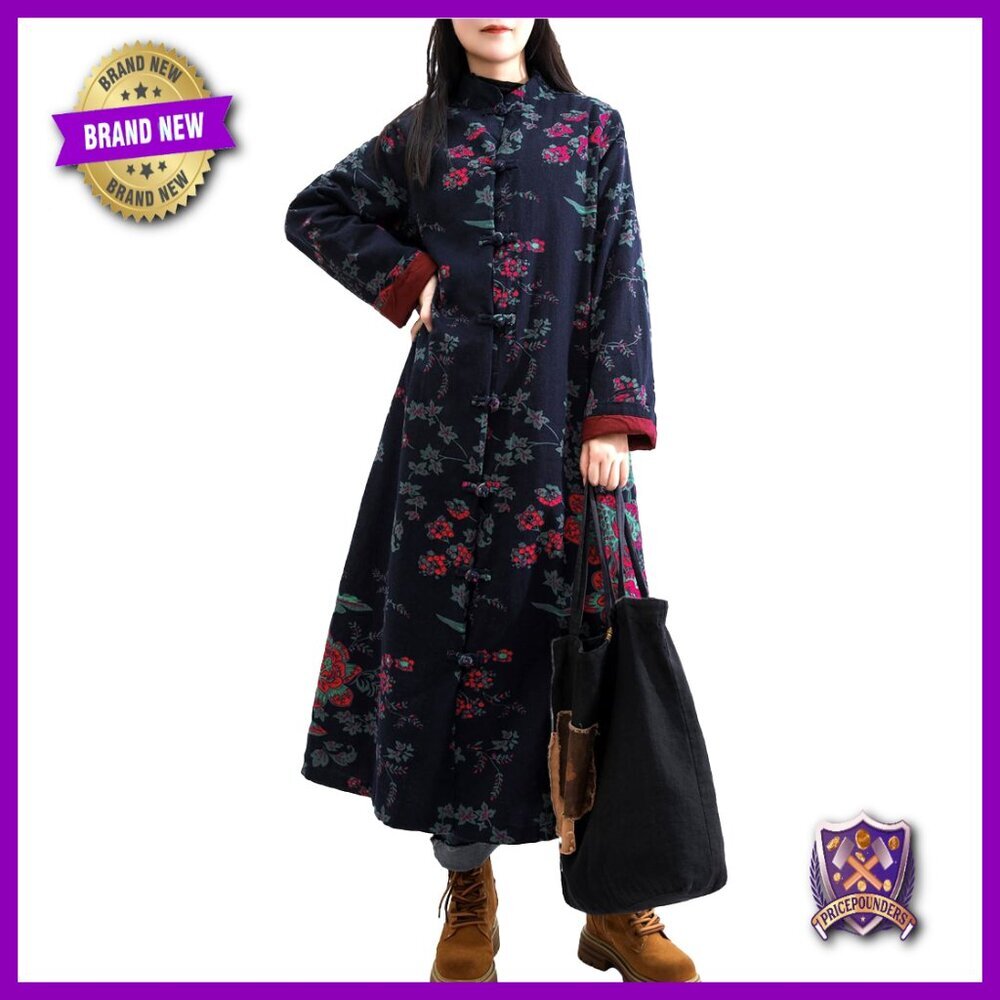 Vintage Floral Trench Coat Plus Size Cotton Linen Boho Long Jacket with Pockets